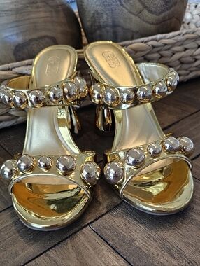 Gianni Bini Gold Shiny Metallic Beaded Mule Heels Women's Sz 10 NWOB